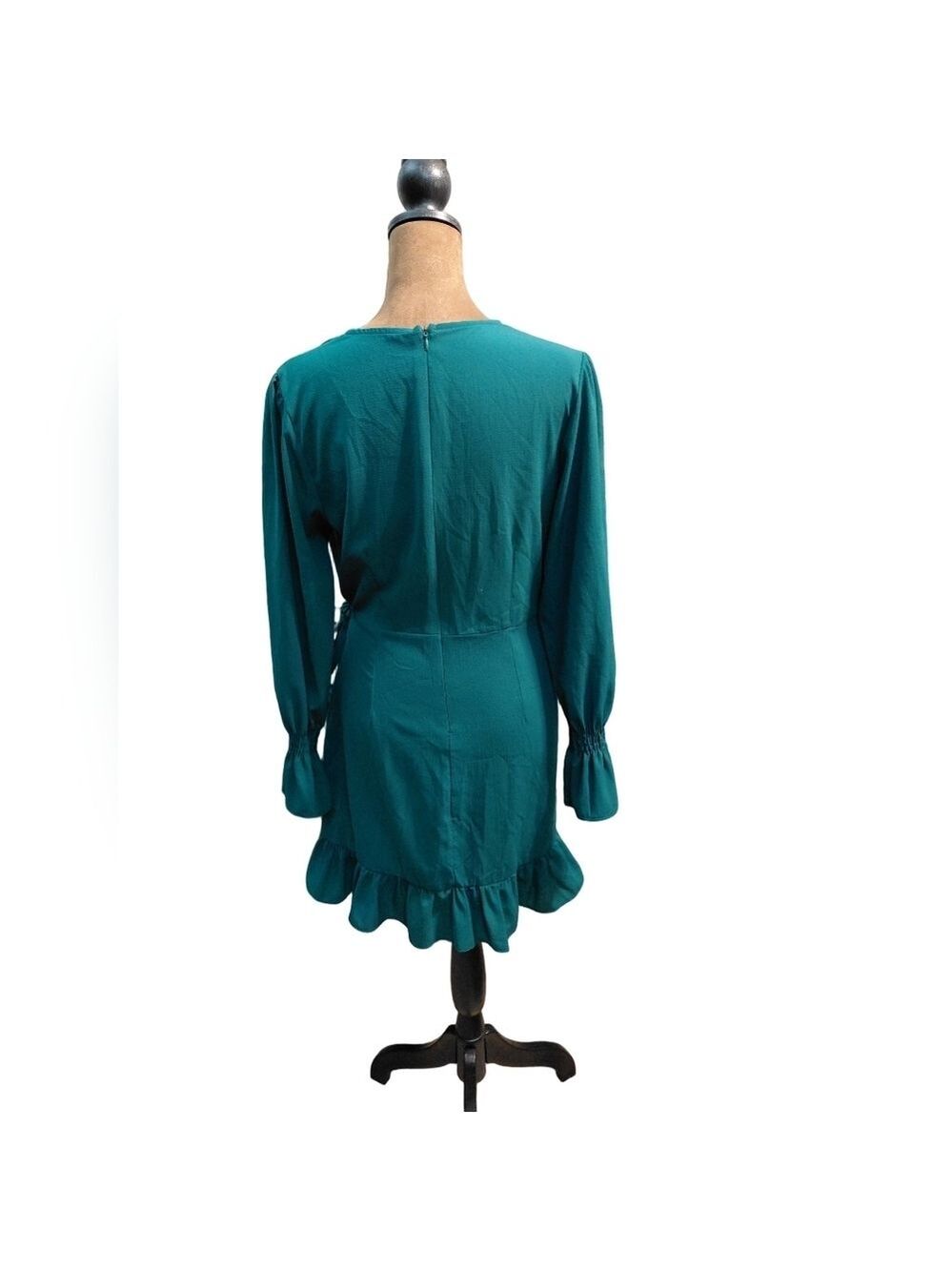 Vintage Handmade Emerald Green Wrap Ruffle Dress Small Romantic 80s 90s - Picture 3 of 6